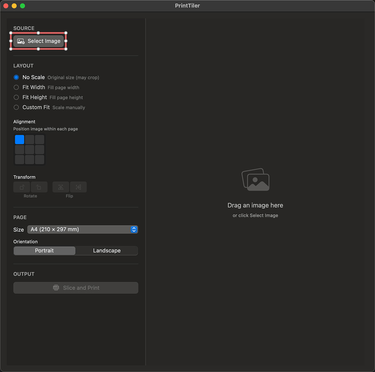 PrintTiler main window with Select Image button