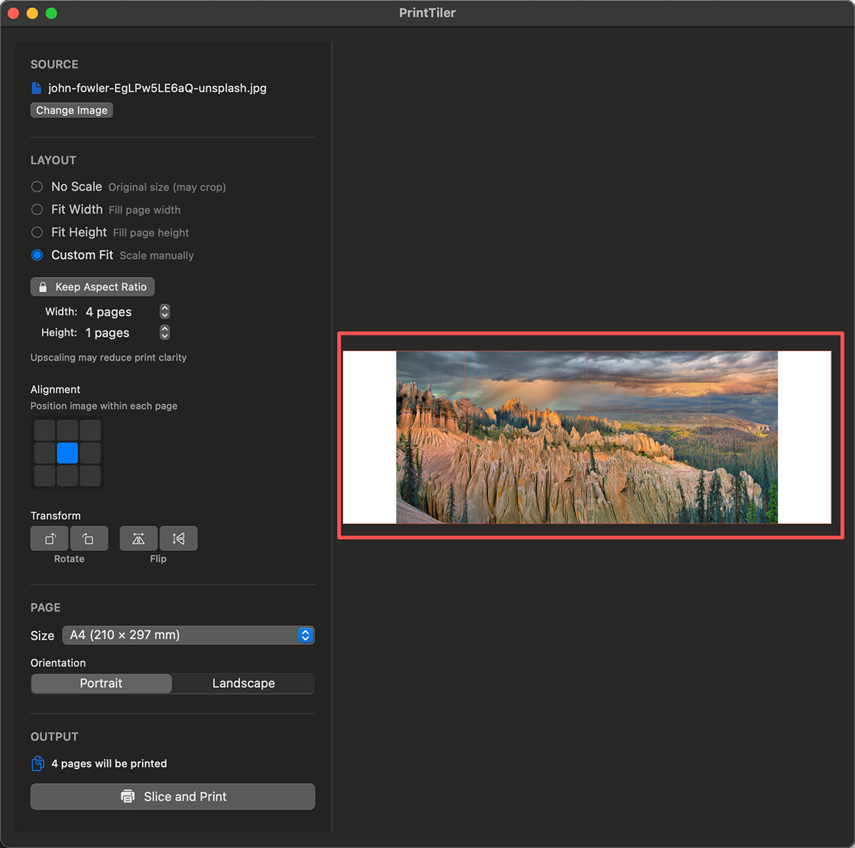 PrintTiler preview showing image split into multiple pages with grid overlay