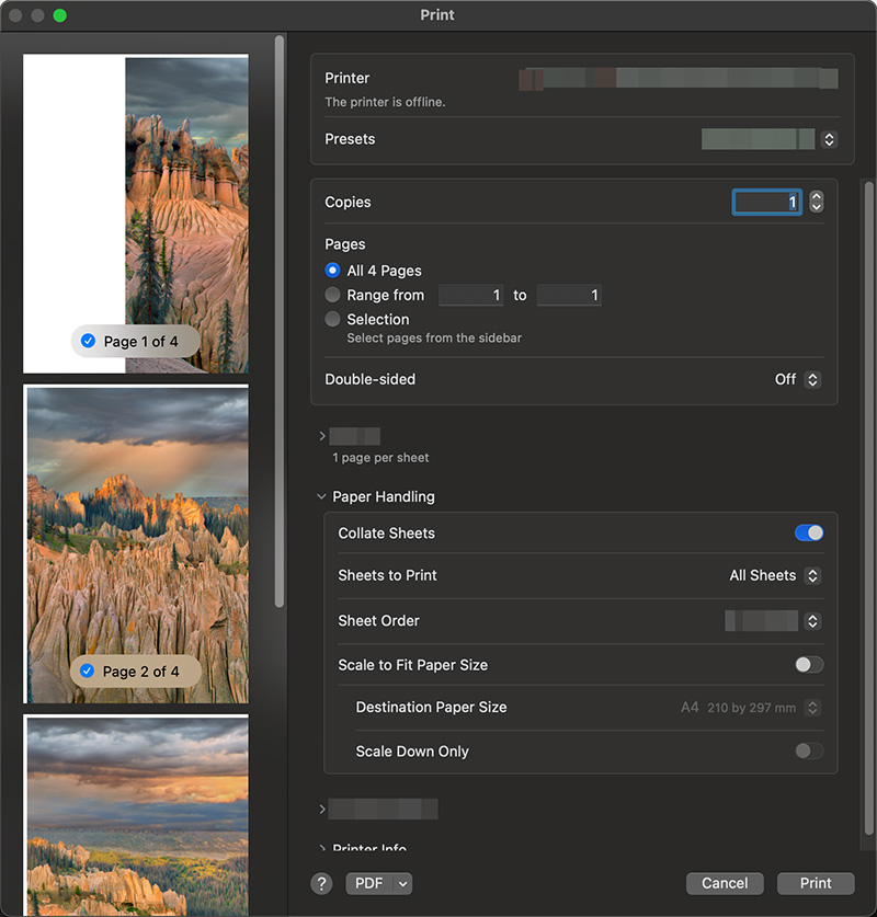 macOS print dialog with PrintTiler output